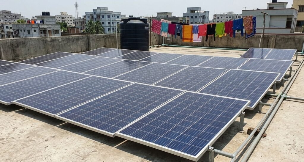 Rooftop solar panels getting strong sunlight